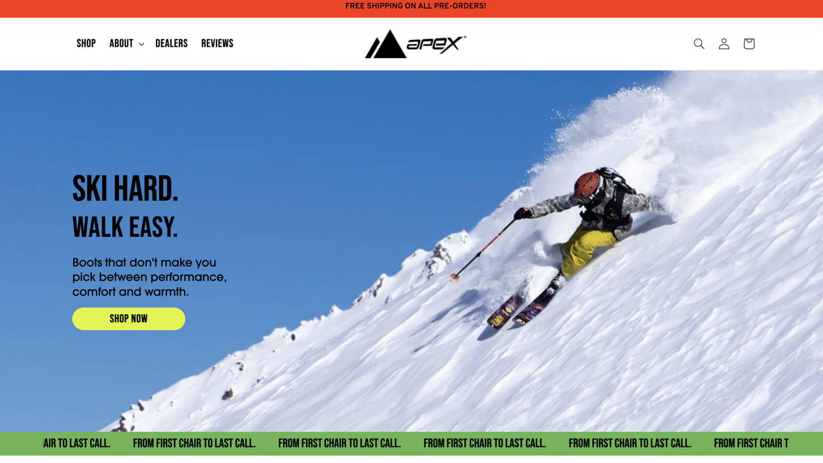 Screenshot of the Apex Ski Boots website